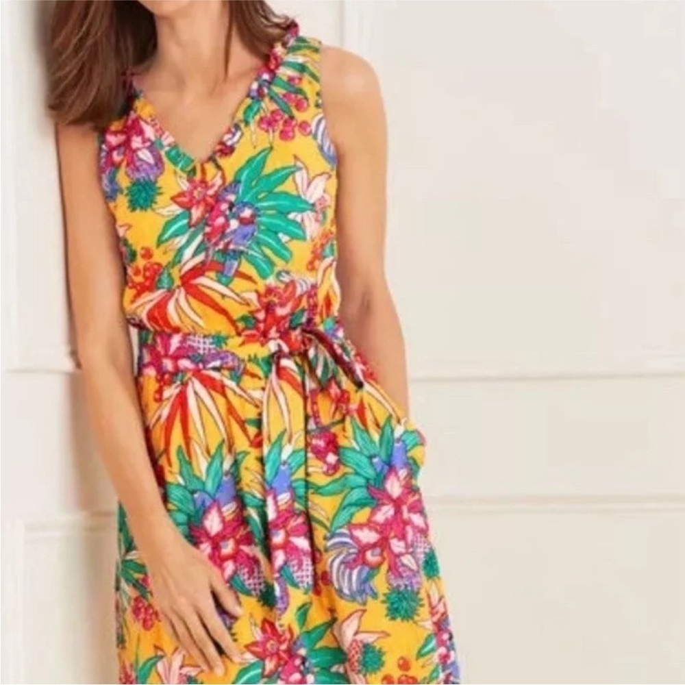 Talbots Women’s Yellow Tropical Floral V-Neck Midi‎ Belted Dress Cotton Size 2